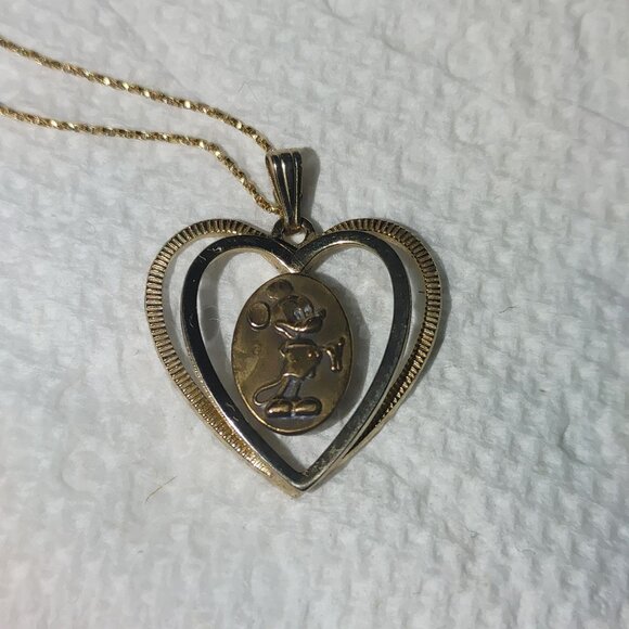 Mickey Mouse Double Heart Pendant Charm Walt Disney Production Vintage Gold Tone - Picture 3 of 12
